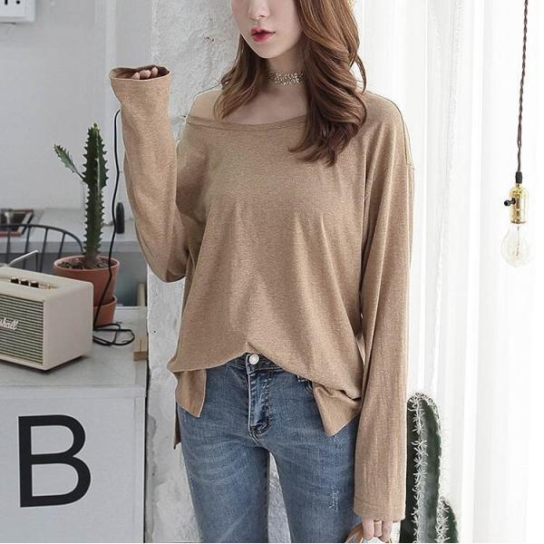 レディース ロングTシャツ ラウンドネック スリット 長袖 無地 シンプル ロンT トップス グレー カーキ フリーサイズ ワンサイズ 送料無料