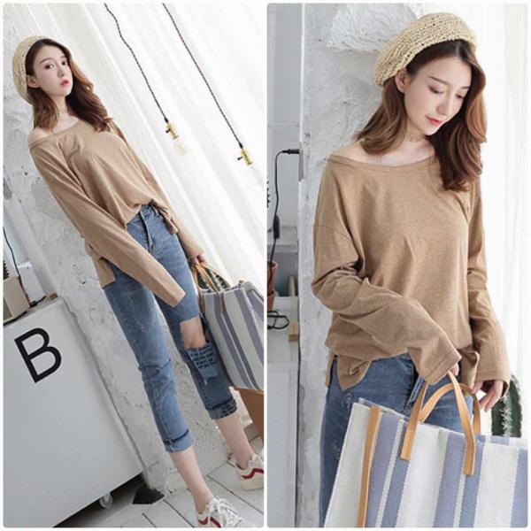 レディース ロングTシャツ ラウンドネック スリット 長袖 無地 シンプル ロンT トップス グレー カーキ フリーサイズ ワンサイズ 送料無料