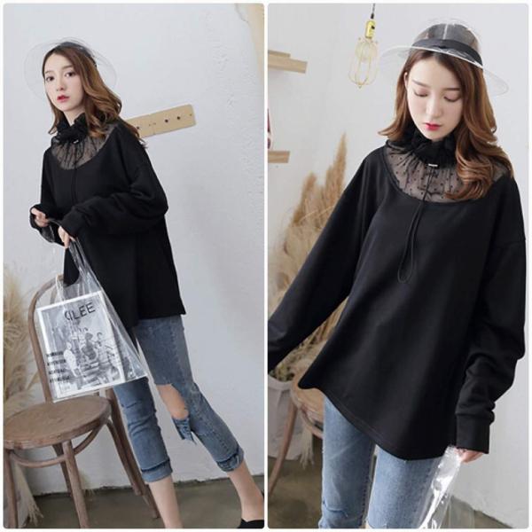 レディース ブラウス プルオーバー シャツ 長袖 オーバーサイズ ゆったり 透け素材 透け感 トップス ブラック フリーサイズ 送料無料