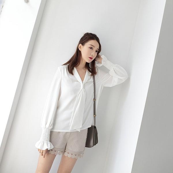 レディース ブラウス シャツ 長袖 キャンディスリーブ トップス ホワイト S M L サイズ 送料無料
