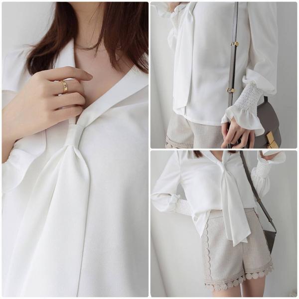 レディース ブラウス シャツ 長袖 キャンディスリーブ トップス ホワイト S M L サイズ 送料無料