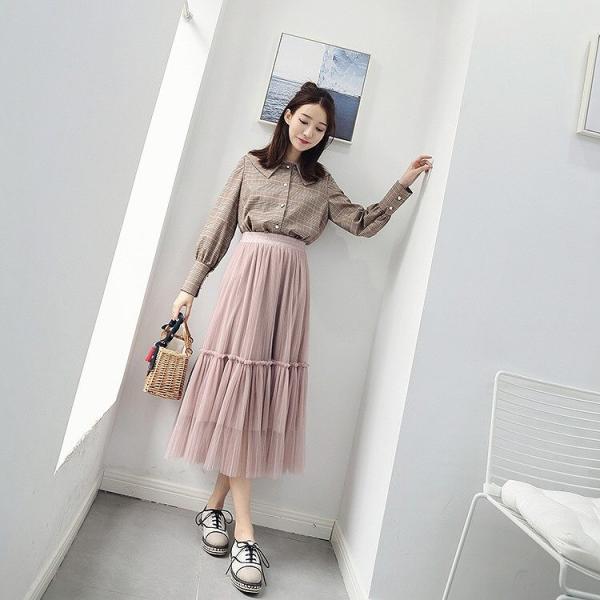 レディース スカート ハイウエスト チュールスカート ミモレ丈 透け感 透け素材 秋 冬 ボトムス ピンク ブラック フリーサイズ 送料無料