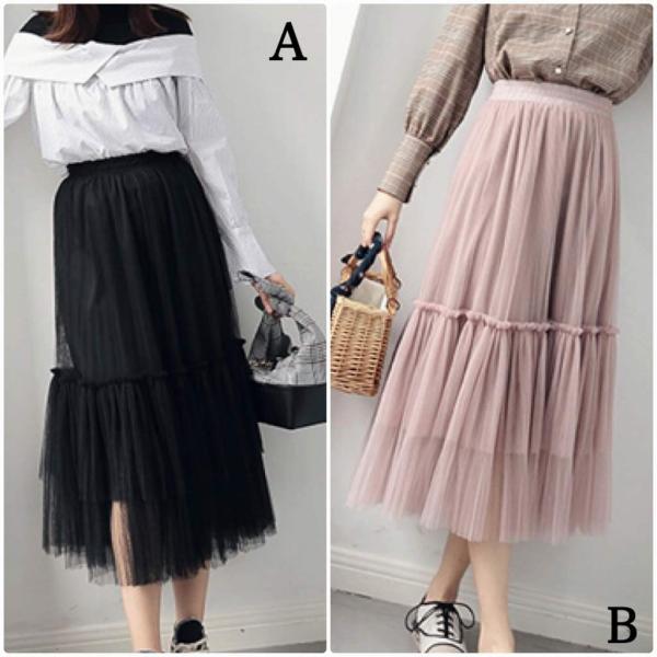 レディース スカート ハイウエスト チュールスカート ミモレ丈 透け感 透け素材 秋 冬 ボトムス ピンク ブラック フリーサイズ 送料無料