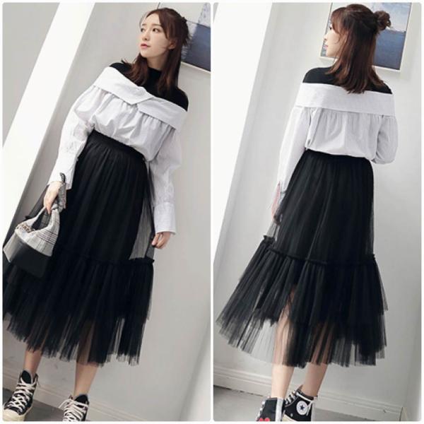 レディース スカート ハイウエスト チュールスカート ミモレ丈 透け感 透け素材 秋 冬 ボトムス ピンク ブラック フリーサイズ 送料無料