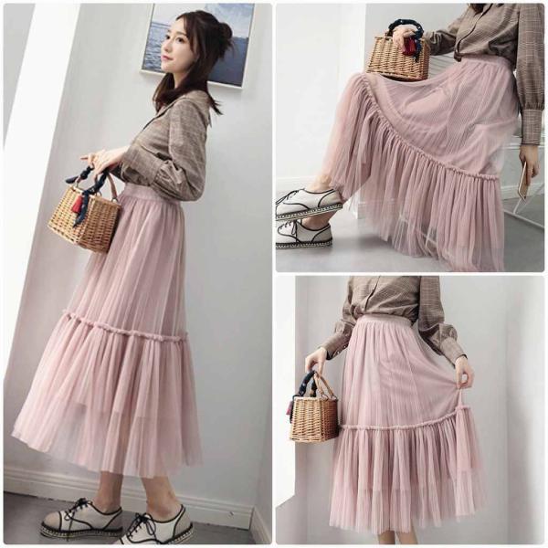 レディース スカート ハイウエスト チュールスカート ミモレ丈 透け感 透け素材 秋 冬 ボトムス ピンク ブラック フリーサイズ 送料無料