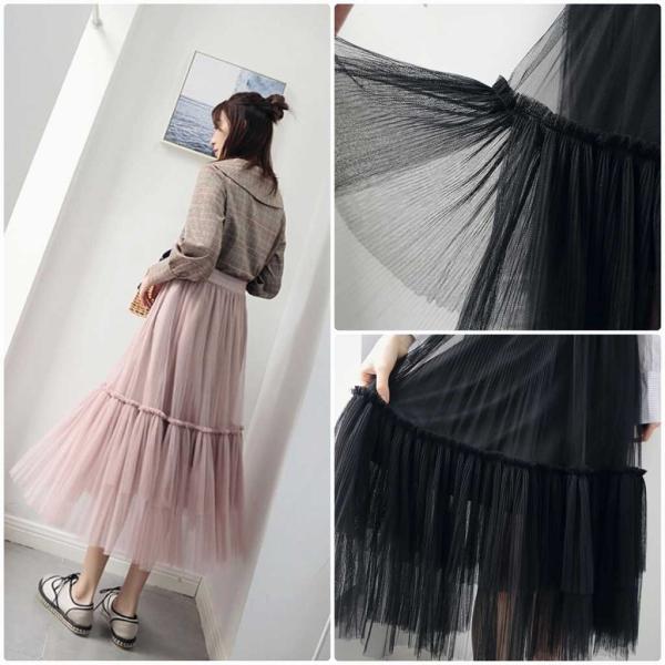 レディース スカート ハイウエスト チュールスカート ミモレ丈 透け感 透け素材 秋 冬 ボトムス ピンク ブラック フリーサイズ 送料無料