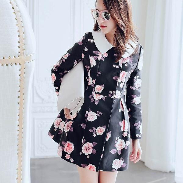 レディース コート ワンピース ハイウエスト ミニ丈 フレア 薔薇 花柄 ボタニカル柄 長袖 S M L サイズ 送料無料