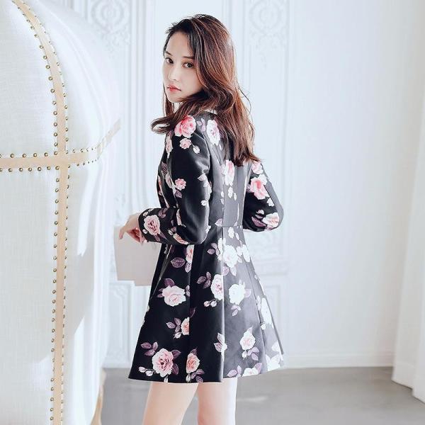 レディース コート ワンピース ハイウエスト ミニ丈 フレア 薔薇 花柄 ボタニカル柄 長袖 S M L サイズ 送料無料