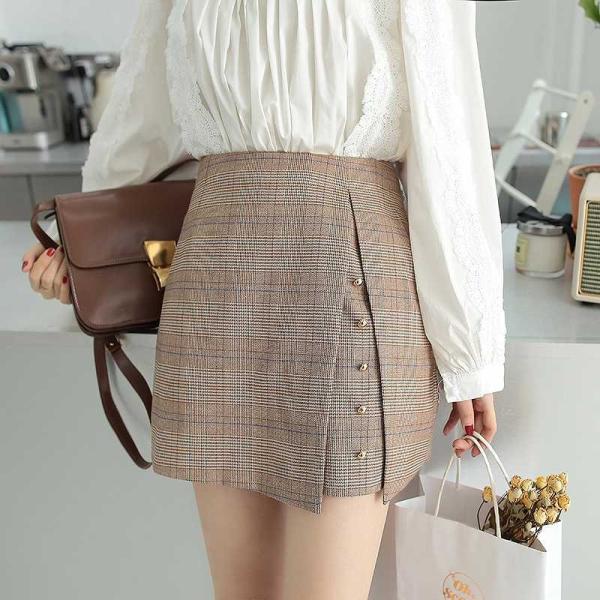 レディース スカート ハイウエスト チェック柄 ミニ丈 秋 冬 ボトムス ブラウン S M L サイズ 送料無料