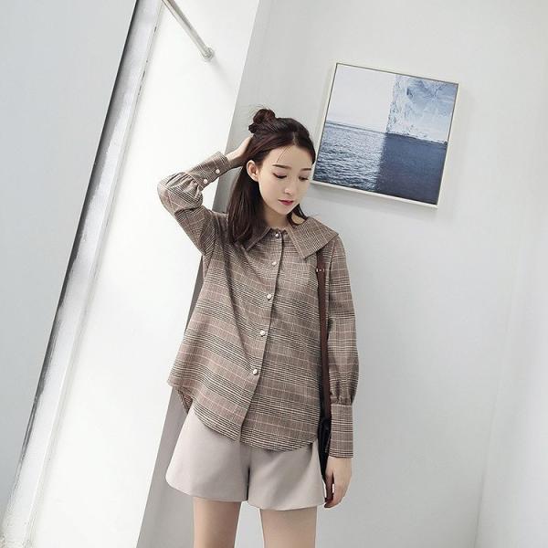 レディース ブラウス チェック柄 シャツ ボリュームスリーブ 長袖 トップス ブラウン S M L サイズ 送料無料