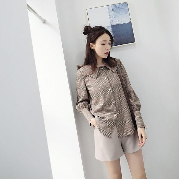 レディース ブラウス チェック柄 シャツ ボリュームスリーブ 長袖 トップス ブラウン S M L サイズ 送料無料