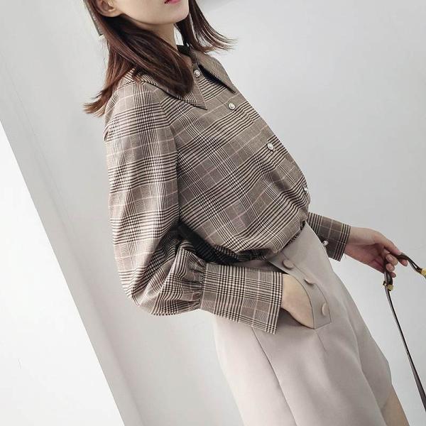 レディース ブラウス チェック柄 シャツ ボリュームスリーブ 長袖 トップス ブラウン S M L サイズ 送料無料