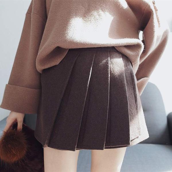 レディース ウール プリーツスカート ハイウエスト ミニ丈 秋 冬 ボトムス ブラウン S M L サイズ 送料無料