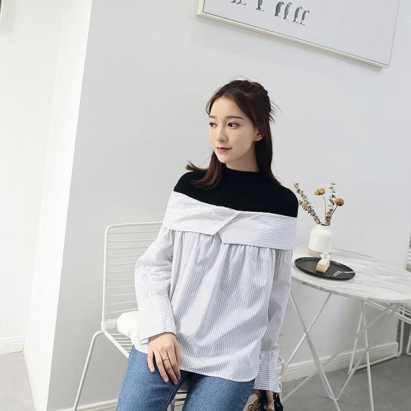 レディース レイヤード風 ブラウス シャツ フレアスリーブ 長袖 トップス ホワイト フリーサイズ ワンサイズ 送料無料