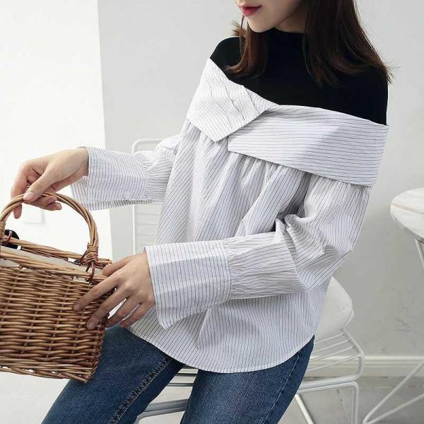 レディース レイヤード風 ブラウス シャツ フレアスリーブ 長袖 トップス ホワイト フリーサイズ ワンサイズ 送料無料