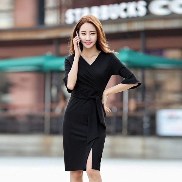 レディース ワンピース Vネック ハイウエスト 腰紐 リボン ひざ丈 ハイウエスト 七分袖 スリム タイト ブラック レッド 大きいサイズ 送料無料