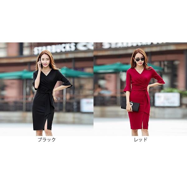 レディース ワンピース Vネック ハイウエスト 腰紐 リボン ひざ丈 ハイウエスト 七分袖 スリム タイト ブラック レッド 大きいサイズ 送料無料