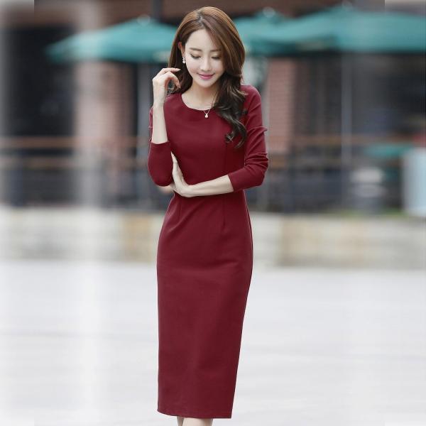 レディース ワンピース ハイウエスト ミモレ丈 長袖 スリット スリム タイト ワインレッド ネイビー ブラック レッド 大きいサイズ 送料無料