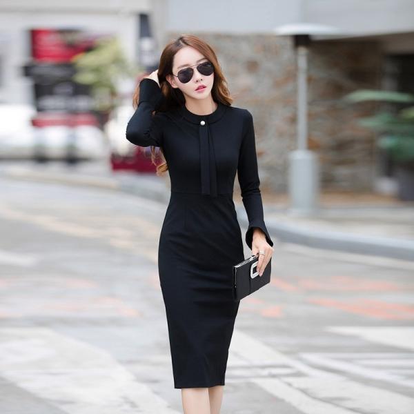 レディース ワンピース ハイウエスト ミディ丈 長袖 フレアスリーブ スリット ブルー ブラック S M L XL XXL 大きいサイズ 送料無料