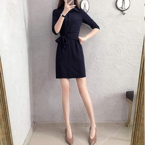 レディース ワンピース ストライプ シャツワンピ 腰紐 リボン ミニ丈 七分袖 ネイビー S M L XL 2XL 大きいサイズ 送料無料
