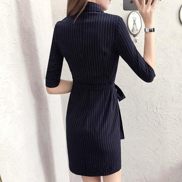 レディース ワンピース ストライプ シャツワンピ 腰紐 リボン ミニ丈 七分袖 ネイビー S M L XL 2XL 大きいサイズ 送料無料