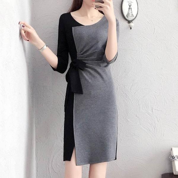 レディース ワンピース ラウンドネック ハイウエスト リボン ミディ丈 ミモレ丈 七分袖 スリム タイト グレー×ブラック 大きいサイズ 送料無料