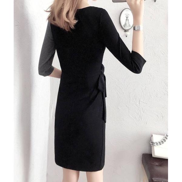 レディース ワンピース ラウンドネック ハイウエスト リボン ミディ丈 ミモレ丈 七分袖 スリム タイト グレー×ブラック 大きいサイズ 送料無料