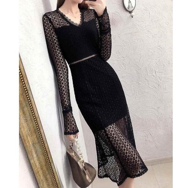 レディース ワンピース Vネック フレアスリーブ 透け素材 透け感 ミディ丈 シンプル ブラック S M L XL 2XL 大きいサイズ 送料無料