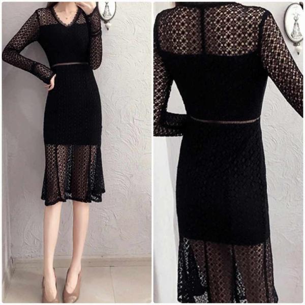 レディース ワンピース Vネック フレアスリーブ 透け素材 透け感 ミディ丈 シンプル ブラック S M L XL 2XL 大きいサイズ 送料無料