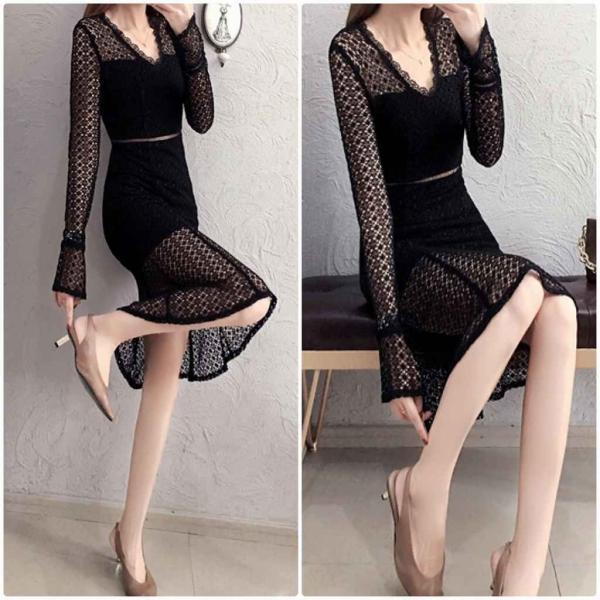 レディース ワンピース Vネック フレアスリーブ 透け素材 透け感 ミディ丈 シンプル ブラック S M L XL 2XL 大きいサイズ 送料無料