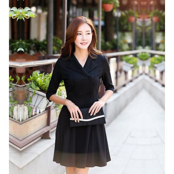 レディース ワンピース Vネック フレアスカート ミニ丈 タイト スリム 七分袖 ブラック S M L XL 2XL 大きいサイズ 送料無料