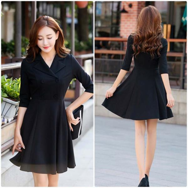 レディース ワンピース Vネック フレアスカート ミニ丈 タイト スリム 七分袖 ブラック S M L XL 2XL 大きいサイズ 送料無料