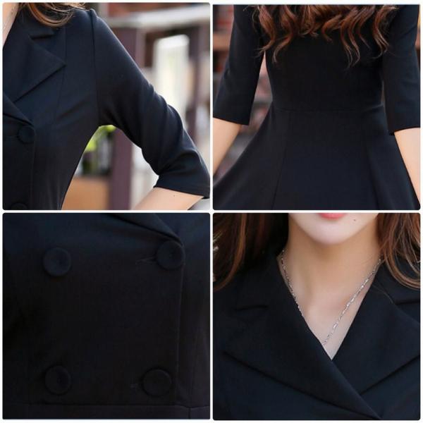 レディース ワンピース Vネック フレアスカート ミニ丈 タイト スリム 七分袖 ブラック S M L XL 2XL 大きいサイズ 送料無料