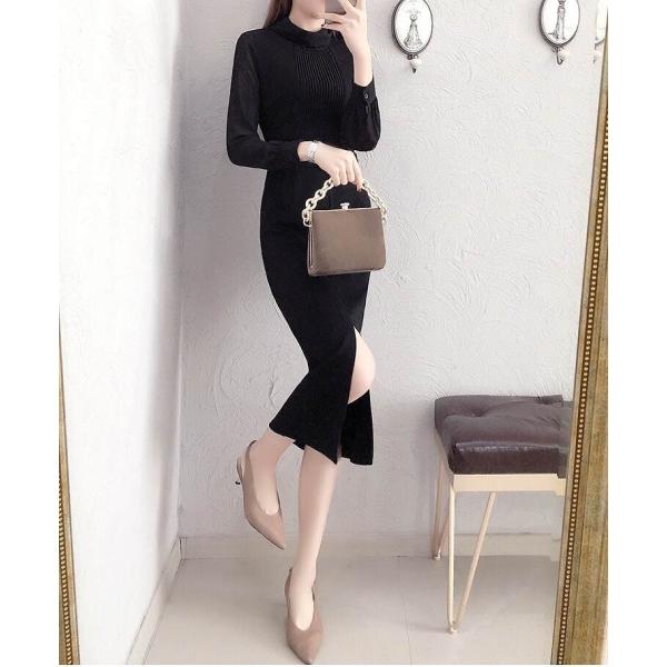 レディース ワンピース パフスリーブ ハイネック ミモレ丈 シンプル タイト スリム スリット 長袖 フォーマル ブラック 大きいサイズ 送料無料