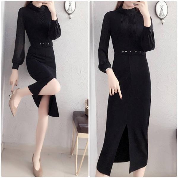 レディース ワンピース パフスリーブ ハイネック ミモレ丈 シンプル タイト スリム スリット 長袖 フォーマル ブラック 大きいサイズ 送料無料