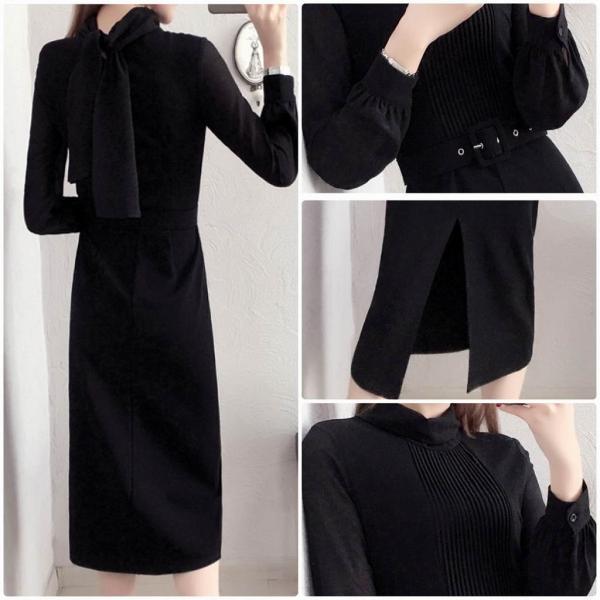 レディース ワンピース パフスリーブ ハイネック ミモレ丈 シンプル タイト スリム スリット 長袖 フォーマル ブラック 大きいサイズ 送料無料