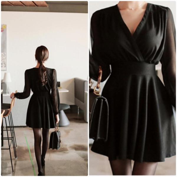 レディース ワンピース Vネック ミニ丈 フレアスリーブ シンプル フォーマル ブラック S M L XL 2XL 大きいサイズ 送料無料