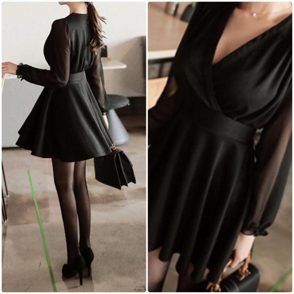 レディース ワンピース Vネック ミニ丈 フレアスリーブ シンプル フォーマル ブラック S M L XL 2XL 大きいサイズ 送料無料