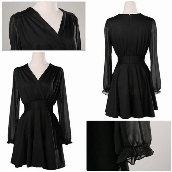 レディース ワンピース Vネック ミニ丈 フレアスリーブ シンプル フォーマル ブラック S M L XL 2XL 大きいサイズ 送料無料