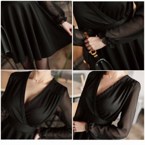 レディース ワンピース Vネック ミニ丈 フレアスリーブ シンプル フォーマル ブラック S M L XL 2XL 大きいサイズ 送料無料