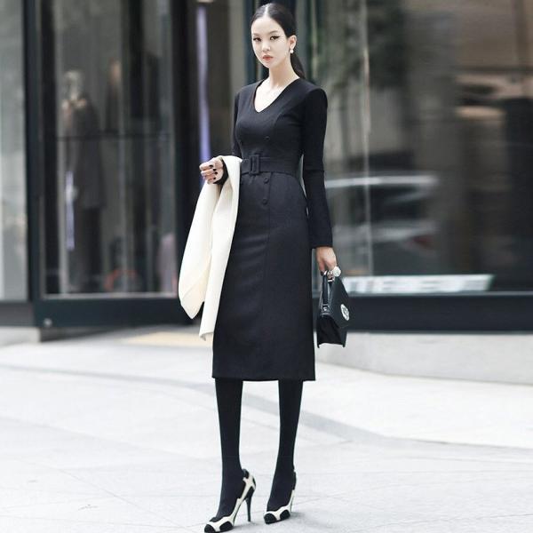 レディース ワンピース Vネック ミモレ丈 タイト スリム 長袖 フォーマル ブラック ブルー S M L XL 2XL 大きいサイズ 送料無料