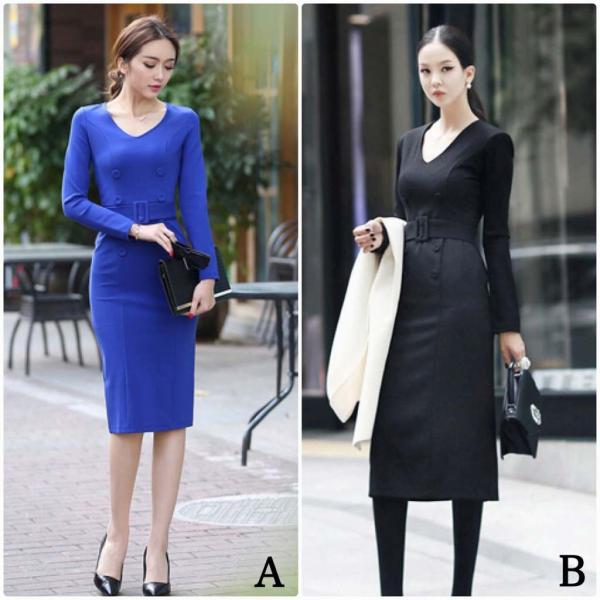 レディース ワンピース Vネック ミモレ丈 タイト スリム 長袖 フォーマル ブラック ブルー S M L XL 2XL 大きいサイズ 送料無料