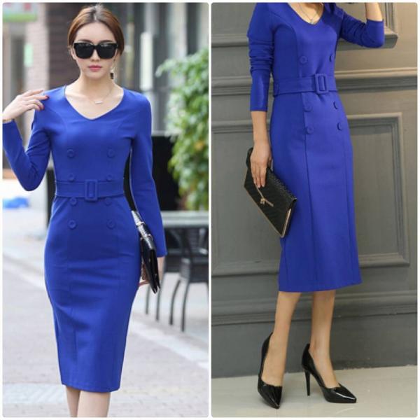 レディース ワンピース Vネック ミモレ丈 タイト スリム 長袖 フォーマル ブラック ブルー S M L XL 2XL 大きいサイズ 送料無料