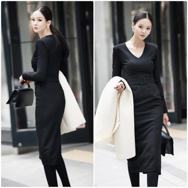 レディース ワンピース Vネック ミモレ丈 タイト スリム 長袖 フォーマル ブラック ブルー S M L XL 2XL 大きいサイズ 送料無料