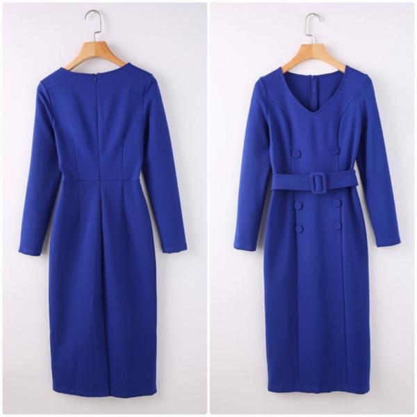 レディース ワンピース Vネック ミモレ丈 タイト スリム 長袖 フォーマル ブラック ブルー S M L XL 2XL 大きいサイズ 送料無料