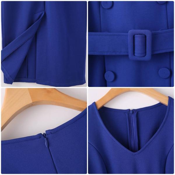 レディース ワンピース Vネック ミモレ丈 タイト スリム 長袖 フォーマル ブラック ブルー S M L XL 2XL 大きいサイズ 送料無料