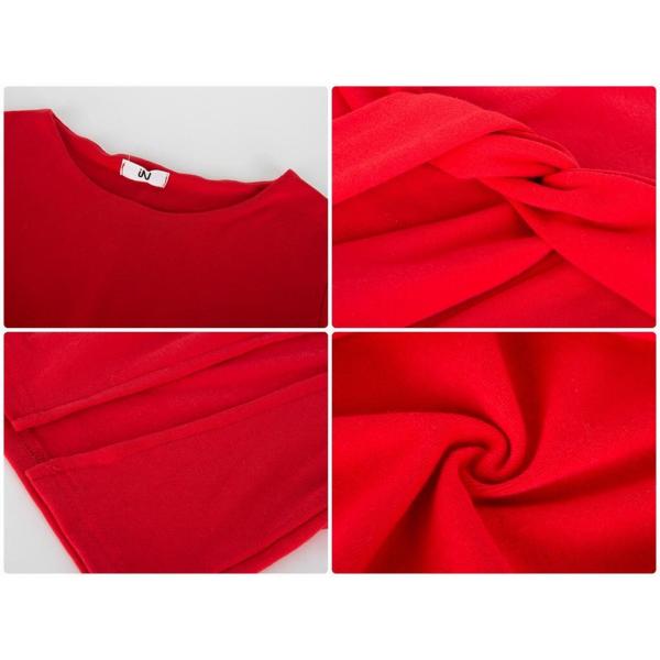 レディース ワンピース ミディ丈 タイト スリム スリット ウエストリボン 長袖 フォーマル ブラック レッド S M L XL サイズ 送料無料