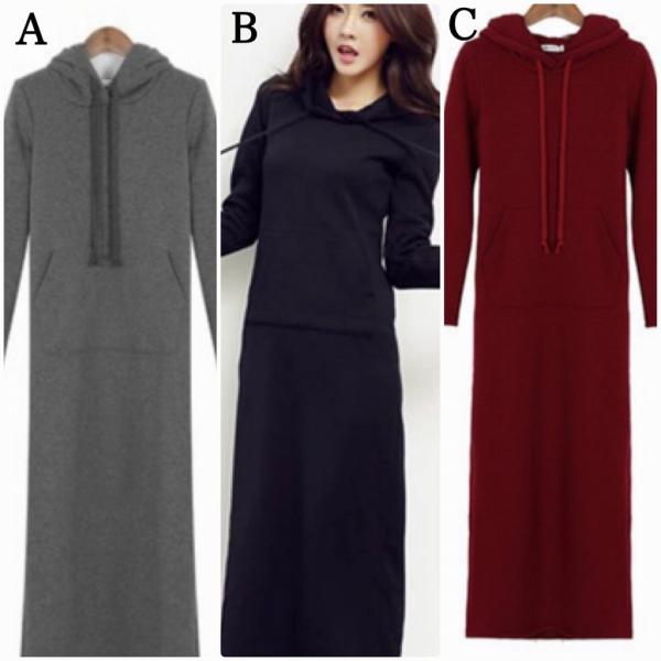 レディース ワンピース スウェット パーカー フード付き ミモレ丈 シンプル タイト スリム 長袖 ブラック ワインレッド グレー 送料無料