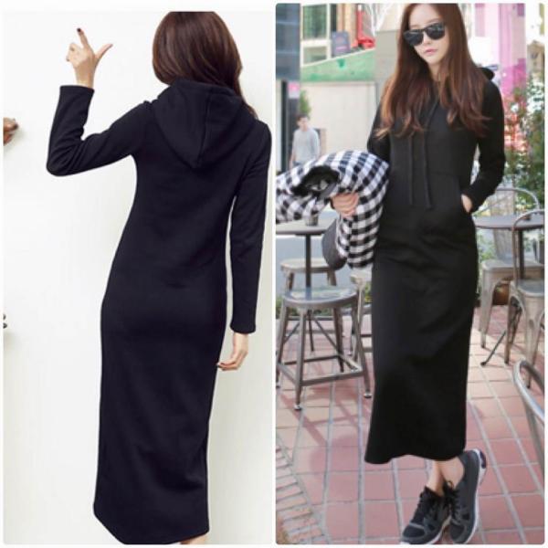 レディース ワンピース スウェット パーカー フード付き ミモレ丈 シンプル タイト スリム 長袖 ブラック ワインレッド グレー 送料無料