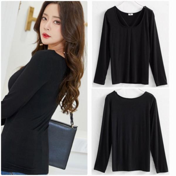 レディース ロングTシャツ デコルテ 胸開き スリム タイト ロンT グレー ブラック ホワイト S M L XL 2XL 大きいサイズ 送料無料